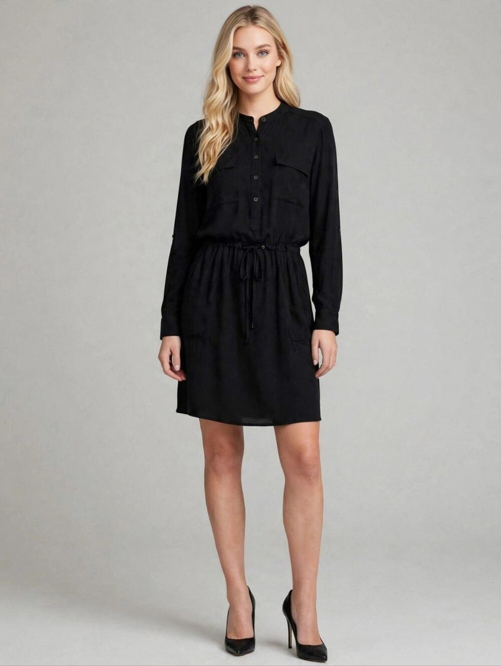NWT! LOU & GREY! ADORABLE BLACK BUTTON UP SLEEVE, DRAWSTRING WAIST L/S DRESS! M